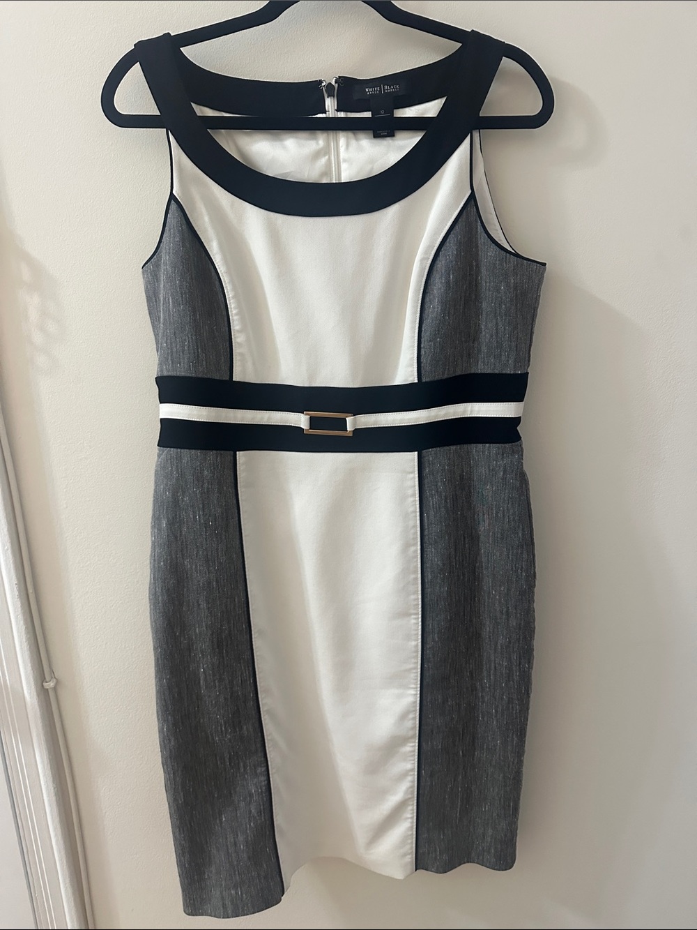 White House Black Market White, Black and Gray Colorblock Sheath Midi Dress